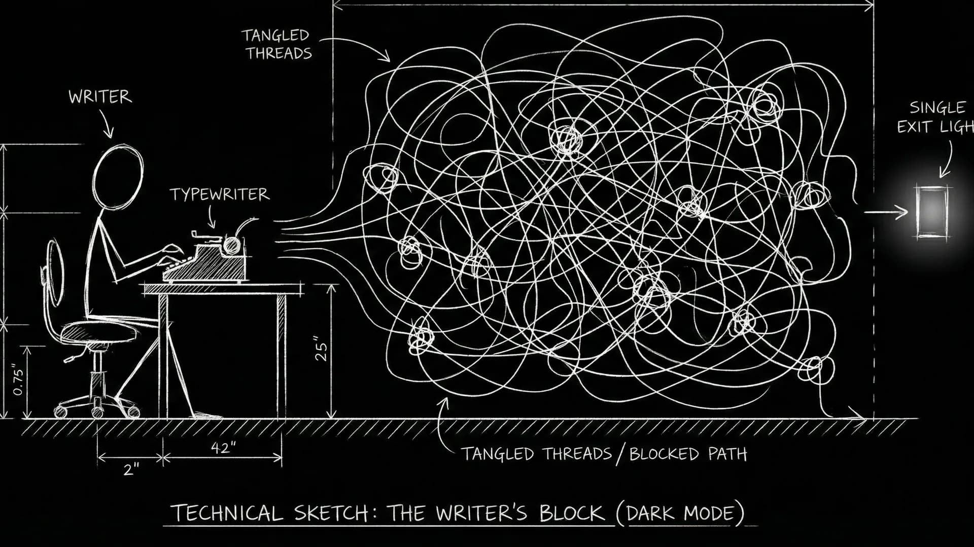 Dark mode technical sketch: writer at script with small labeled assistance modules, not generated flood text