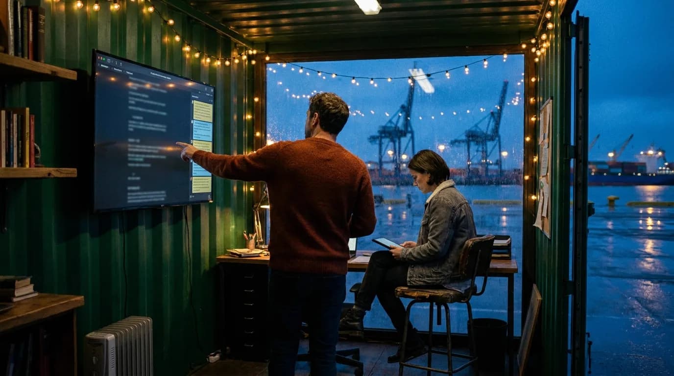 A screenwriter points at a wall monitor showing a dark script editor with a notes panel while a colleague follows on a tablet in a shipping container office at blue hour, cinematic still