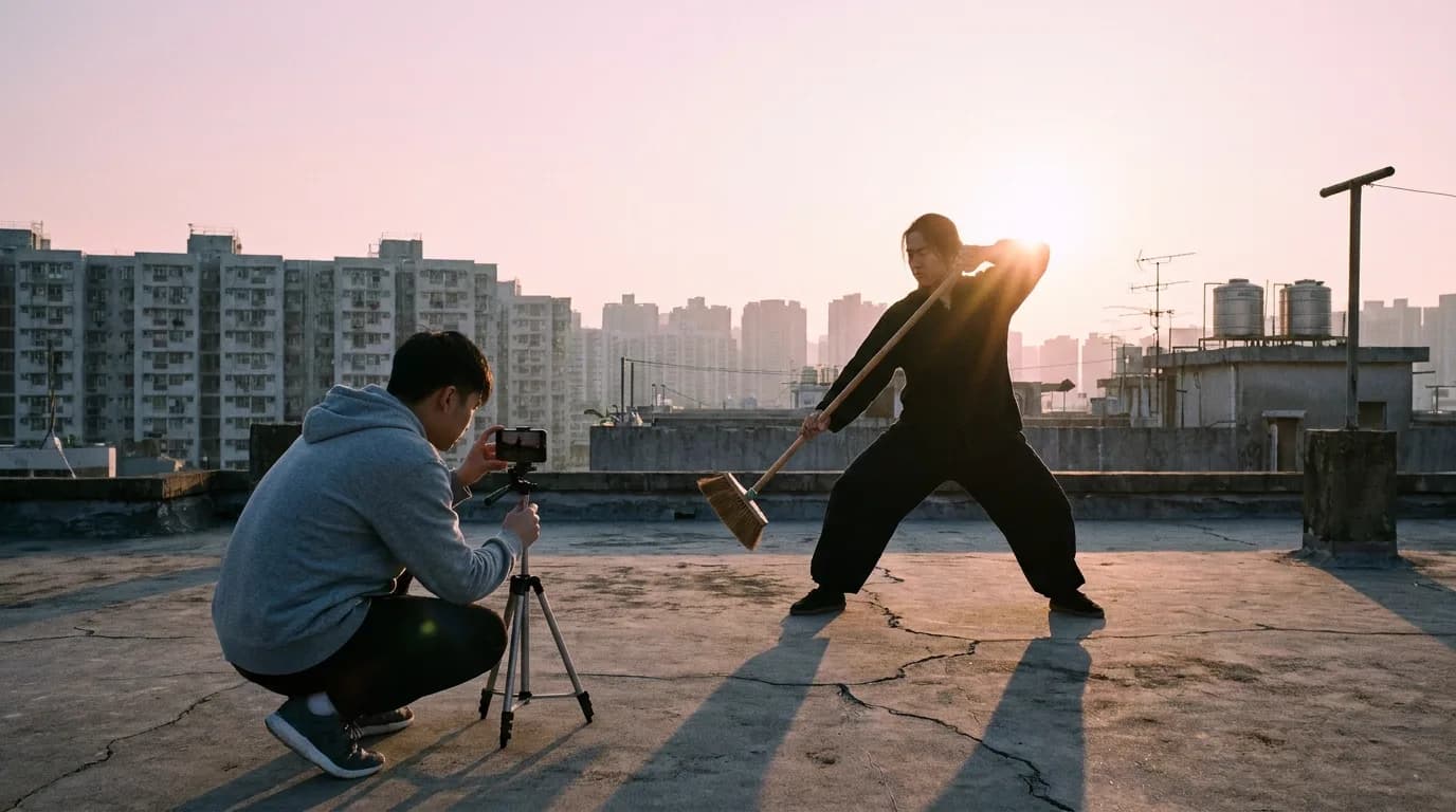 A young animator crouches behind a phone on a small tripod, filming a friend who swings a broom like a sword on a concrete apartment rooftop at dawn, cinematic still