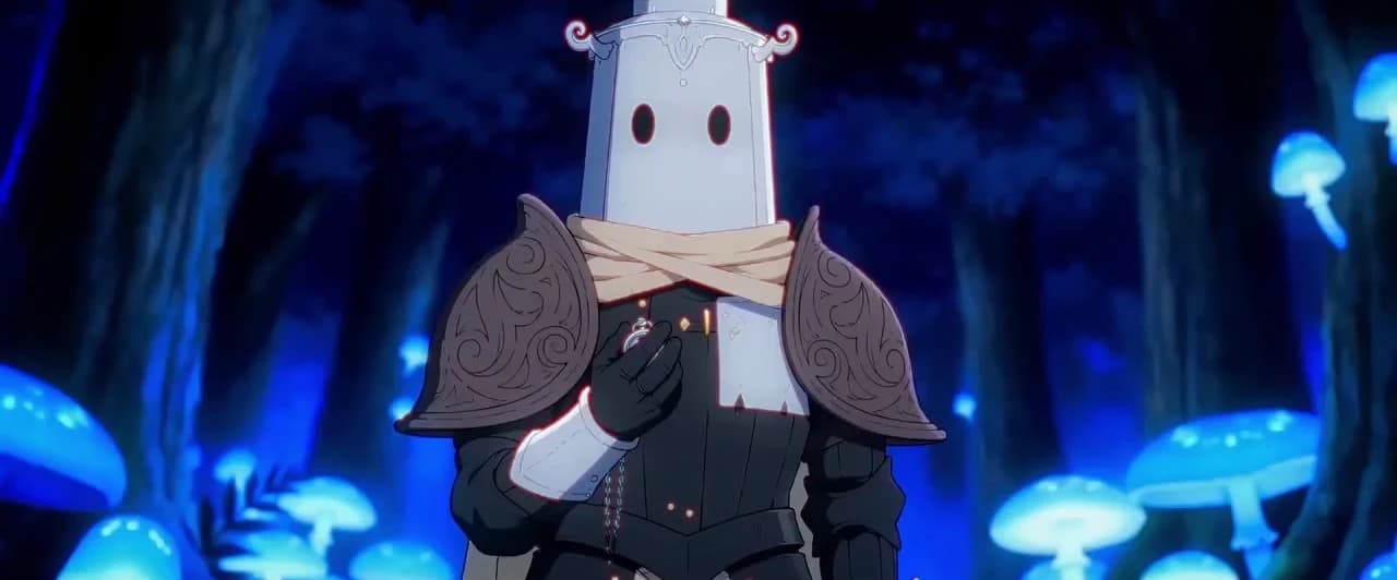 Frame from Lost Garden episode 1: the lantern-headed knight in dark armour with carved shoulder plates and a cream scarf, in a forest of glowing blue mushrooms