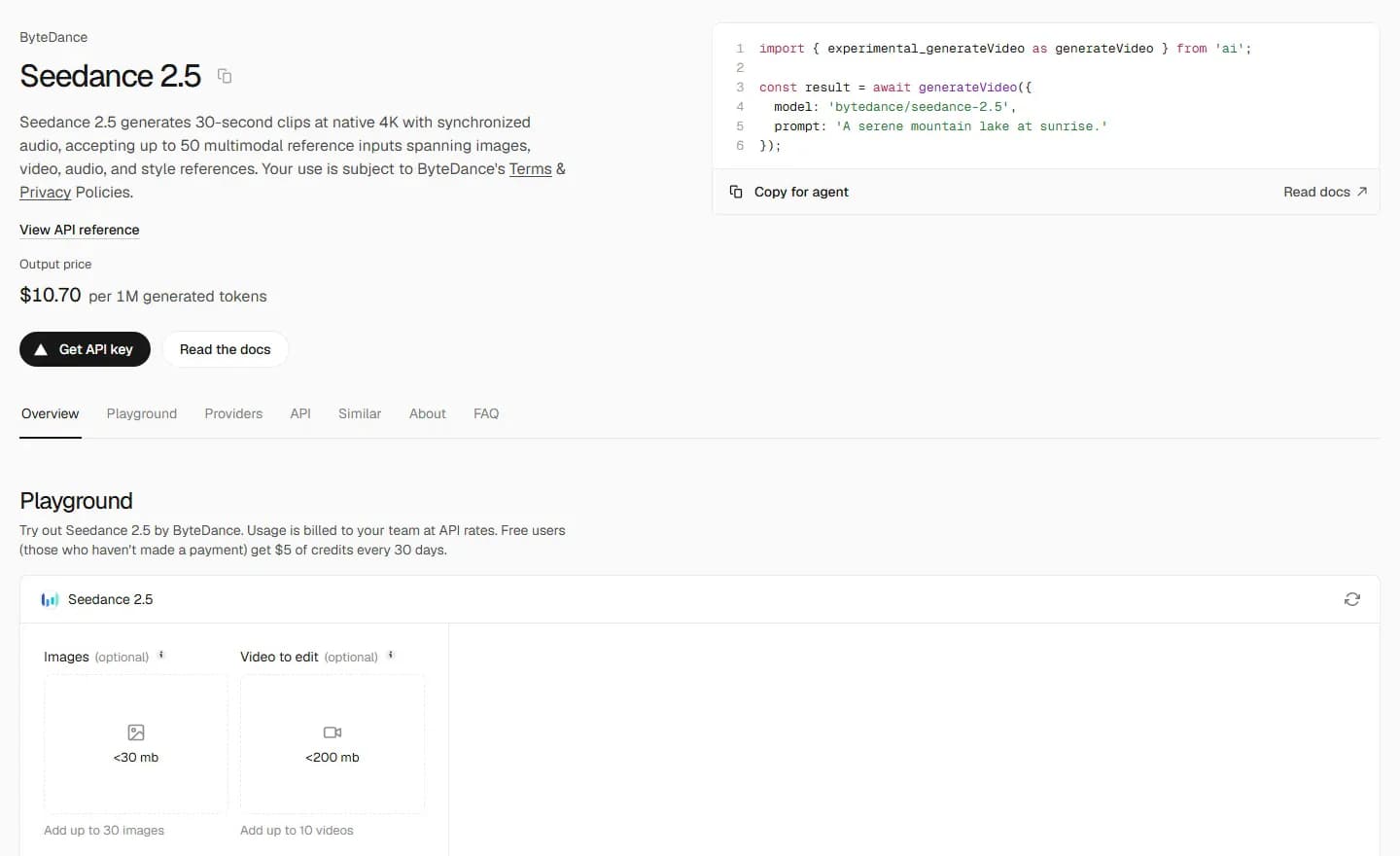 Seedance 2.5 model page on the Vercel AI Gateway, with the description claiming 30-second clips and up to 50 multimodal reference inputs, an output price of $10.70 per million generated tokens, and a playground accepting up to 30 images and 10 videos