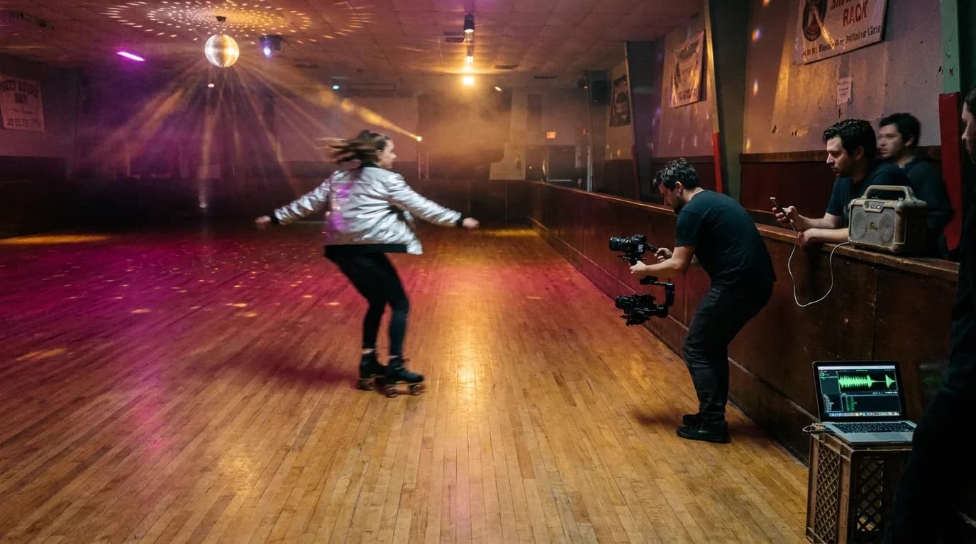 A dancer in a silver bomber jacket spins on roller skates across an empty rink under a mirror ball while a camera operator tracks her on a gimbal and a producer plays the track from a phone into a portable speaker, cinematic still
