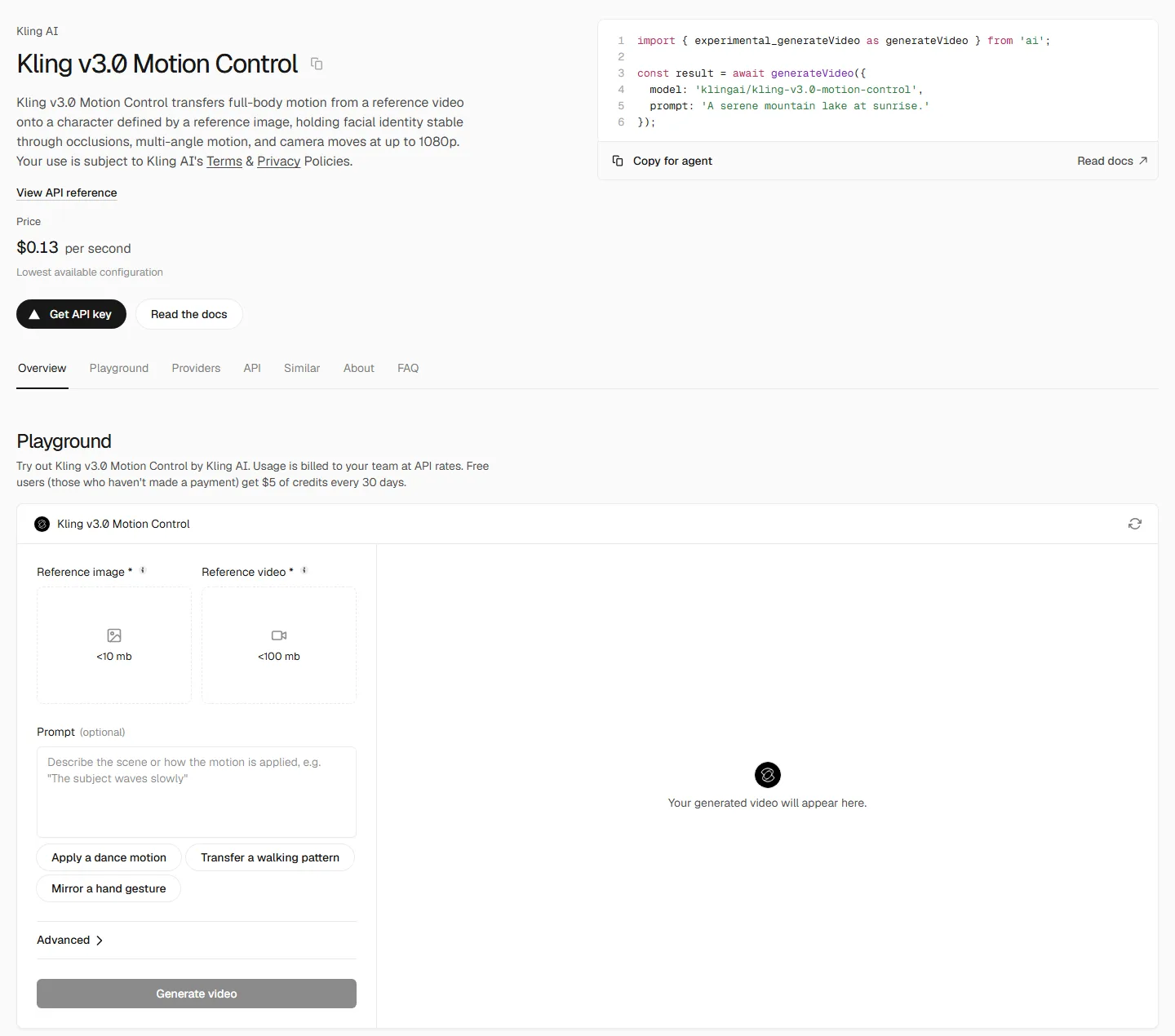 Vercel AI Gateway page for Kling v3.0 Motion Control, describing full-body motion transferred from a reference video onto a character image at up to 1080p, a price of $0.13 per second, and a playground asking for a reference image and a reference video with presets such as Apply a dance motion