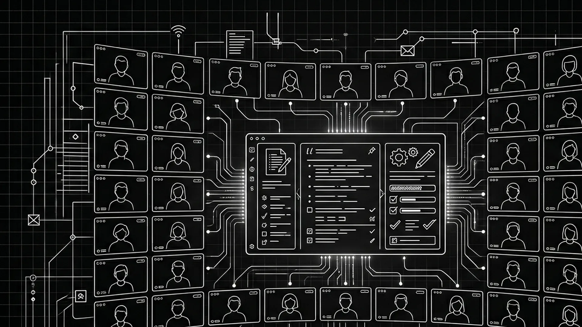 Dark mode technical sketch: collaborative team with synced screenplay pages, comments, and revision colors