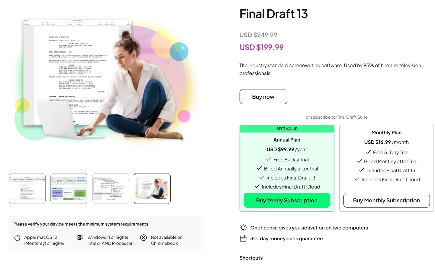 The Final Draft 13 product page showing a one-time price of USD 199.99 marked down from USD 249.99, a Final Draft Suite annual plan at USD 99.99 per year and a monthly plan at USD 16.99, plus activation on two computers and a 30-day money back guarantee
