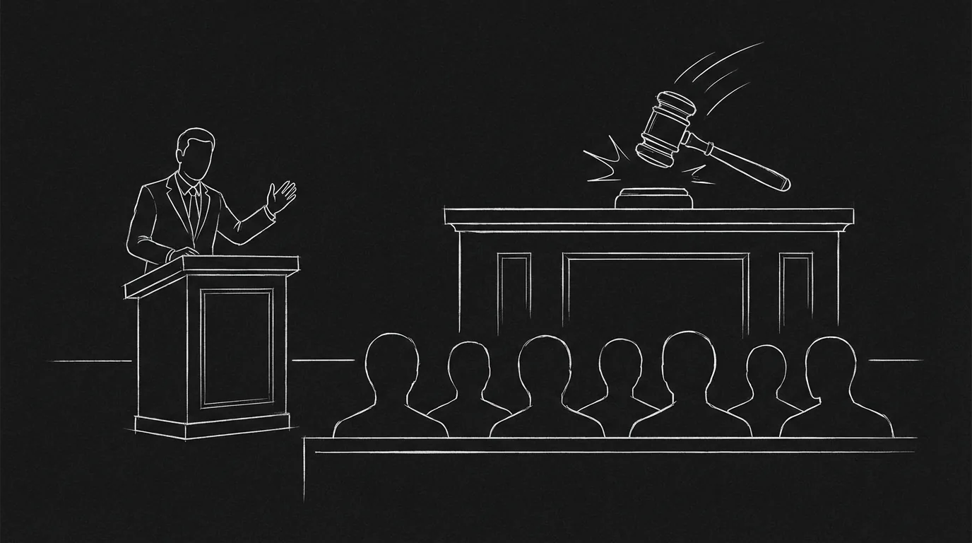 Lawyer at lectern, jury silhouettes, gavel