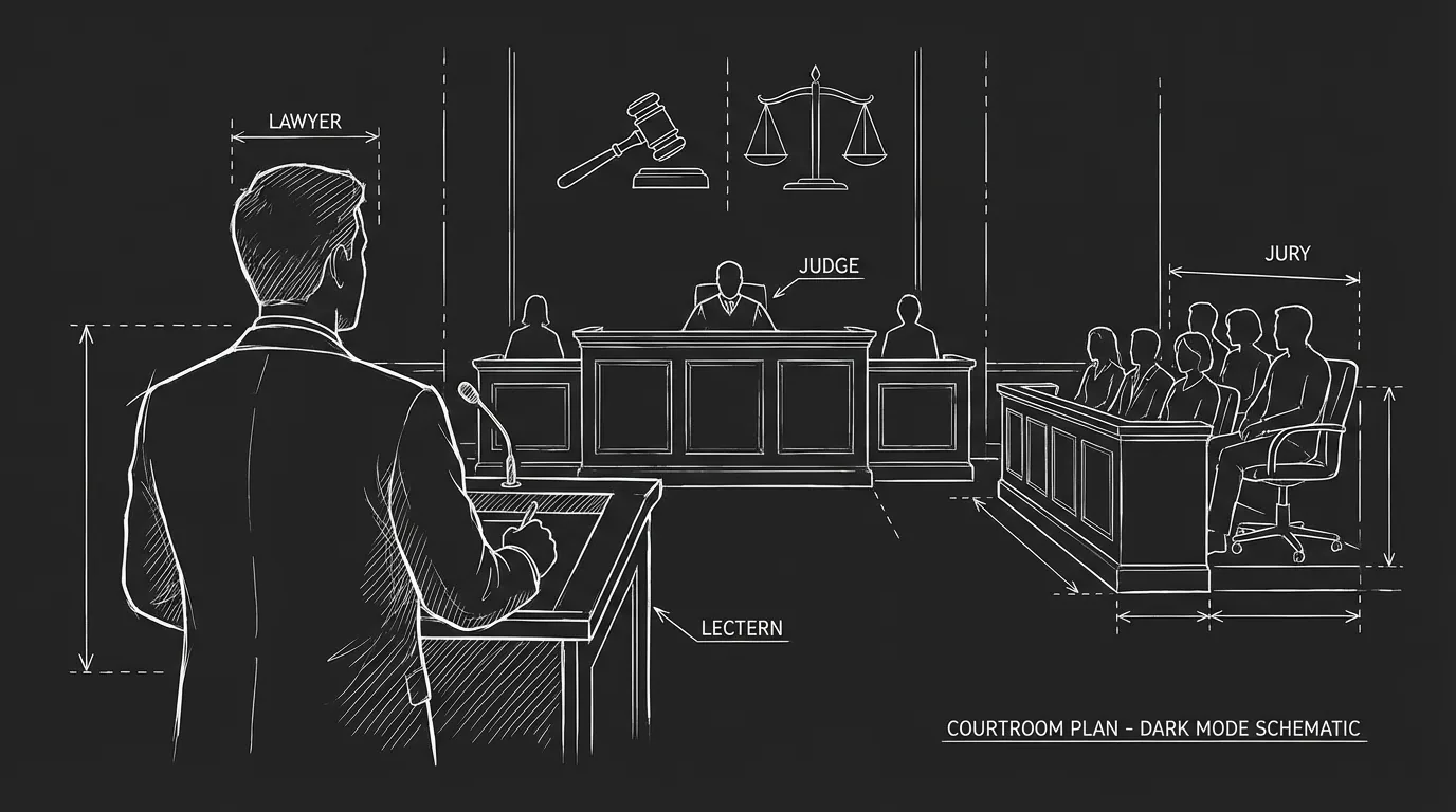 Dark mode technical sketch: lawyer at lectern facing judge and jury, gavel and scales, thin white lines on black