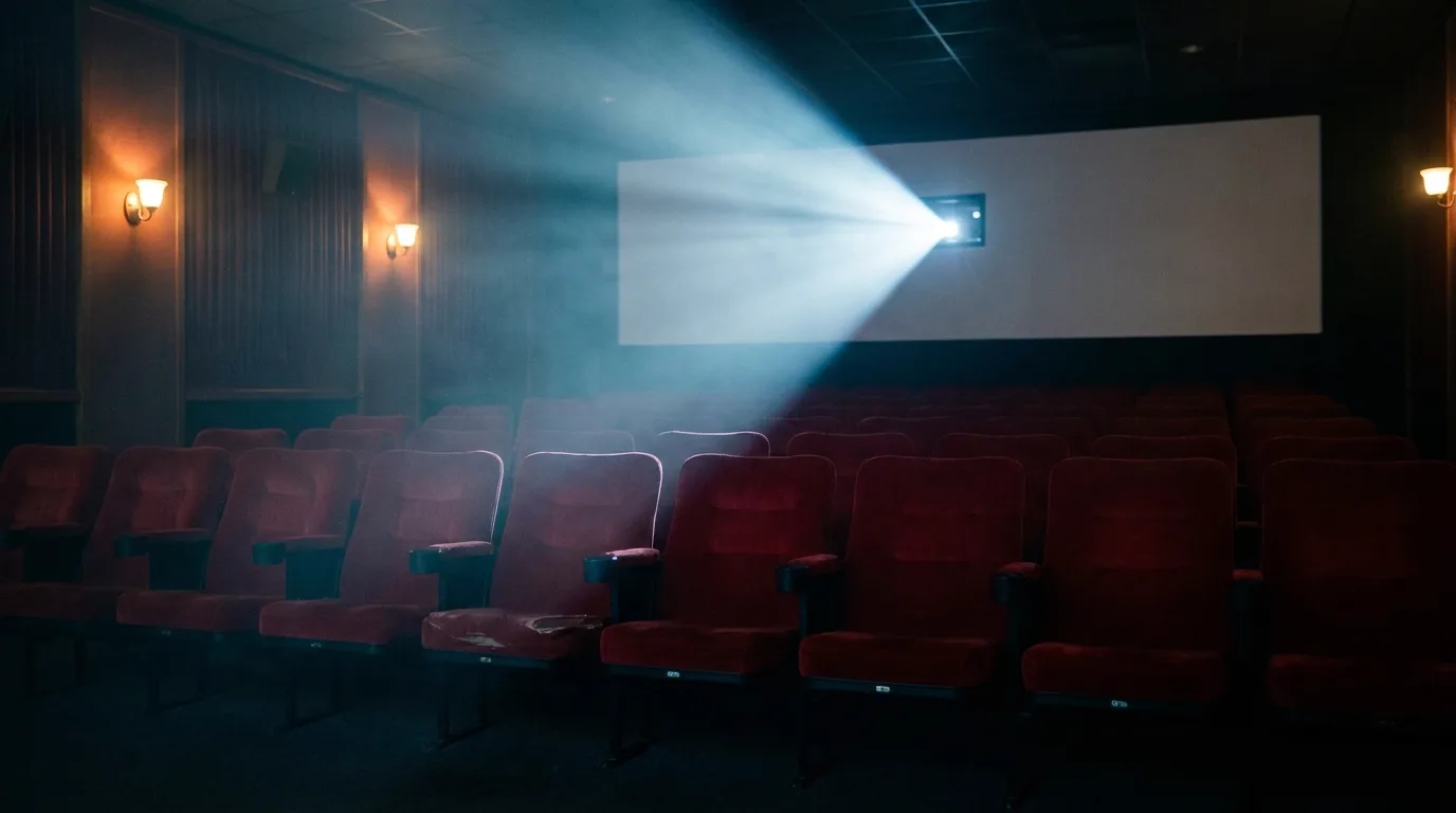 An empty screening room at night, a projector beam cutting through haze over rows of red velvet seats facing a blank lit screen, cinematic still