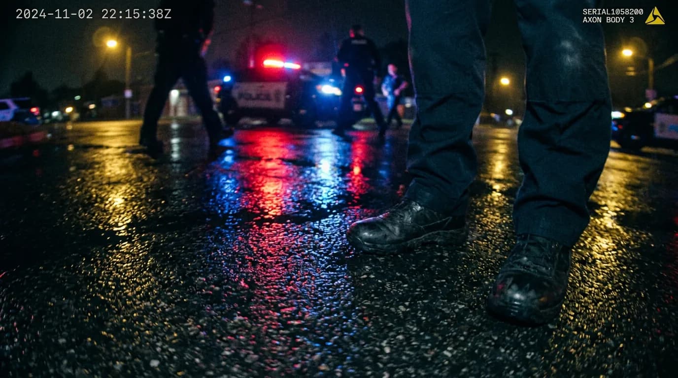 Cinematic 35mm film still: body-worn camera night POV on wet pavement
