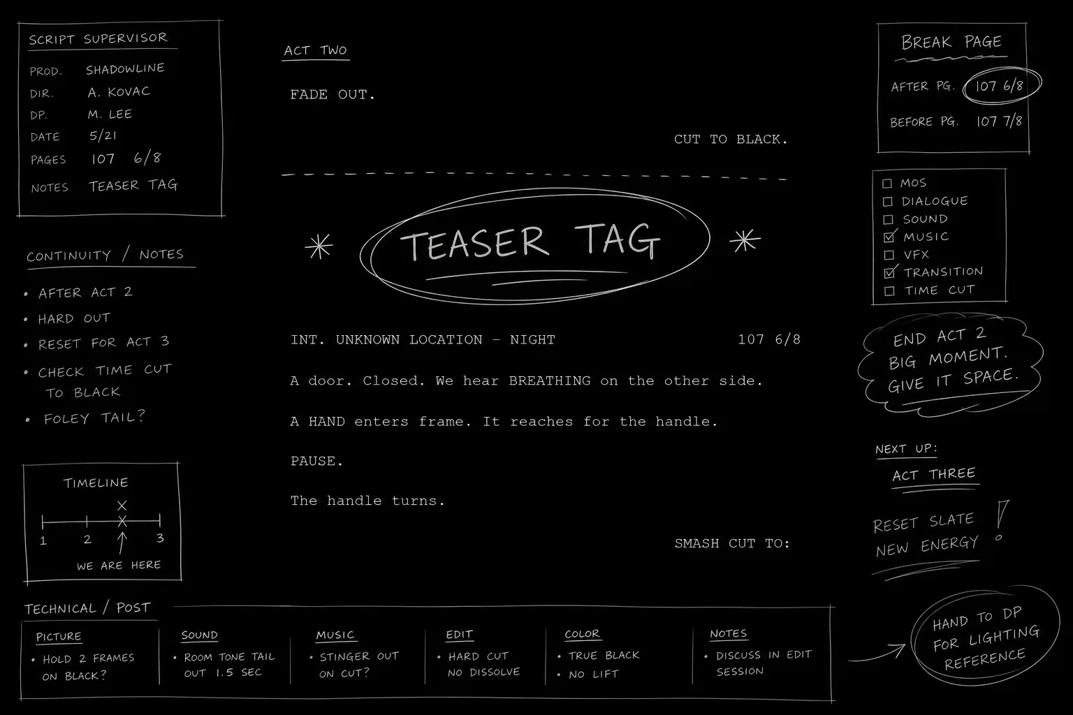 Dark mode technical sketch: script supervisor style markup on act break pages with TEASER and TAG circled, thin white lines on black