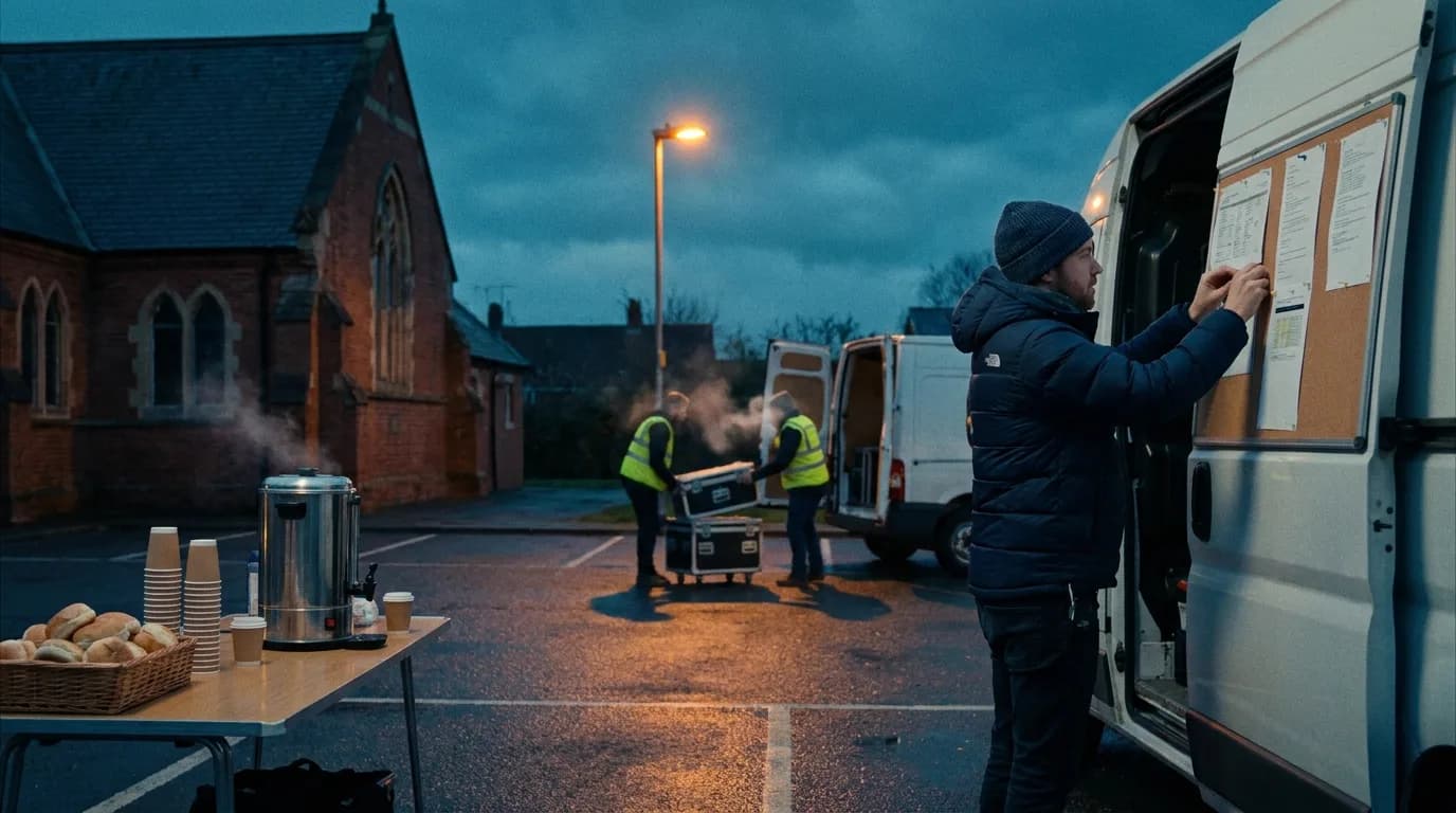 A second assistant director in a navy puffer jacket pins printed call sheets to a cork board on the side of a production van in a church hall car park at blue hour, steam rising from a catering urn on a trestle table, crew in hi-vis unloading flight cases under a sodium lamp, cinematic still