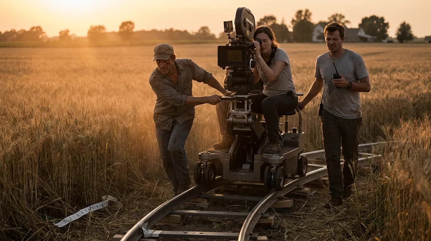 A dolly grip pushing a camera dolly along curved steel track through a wheat field at sunset, the operator seated at the eyepiece and a focus puller walking alongside with a radio, cinematic still