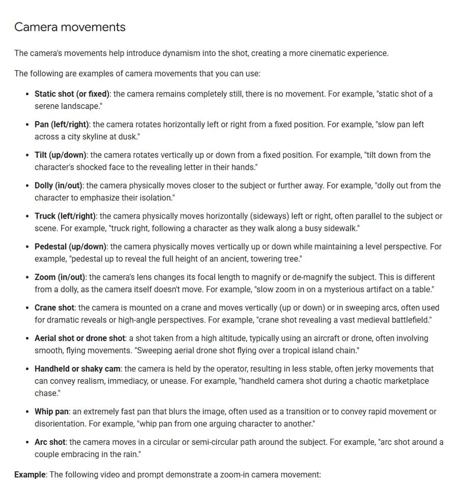 Google's Vertex AI video generation prompt guide, Camera movements section, listing static shot, pan, tilt, dolly, truck, pedestal, zoom, crane shot, aerial shot, handheld, whip pan and arc shot, each with a definition and an example prompt