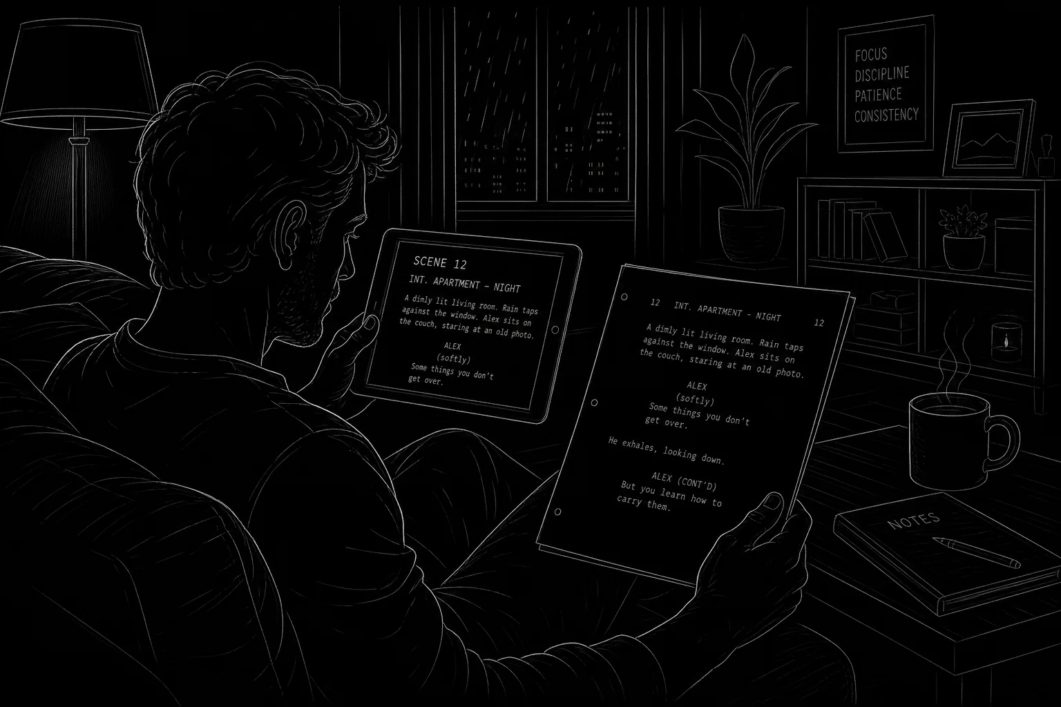 Dark mode technical sketch: actor highlighting sides at home with tablet and printed scene heading visible, thin white lines on black