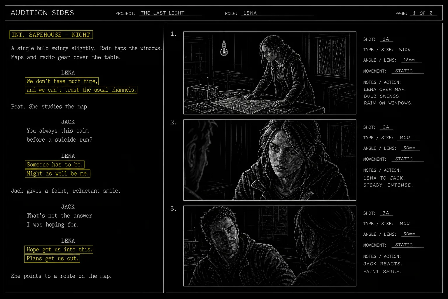 Dark mode technical sketch: audition sides pages with role name header and highlighted dialogue blocks, thin white lines on solid black