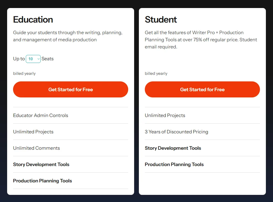The Education and Student cards on the Celtx pricing page: Education guides students through writing, planning and production management with a seat selector set to 10 seats, educator admin controls, unlimited projects and comments; Student offers all Writer Pro features plus Production Planning Tools at over 75% off, student email required, with unlimited projects and 3 years of discounted pricing