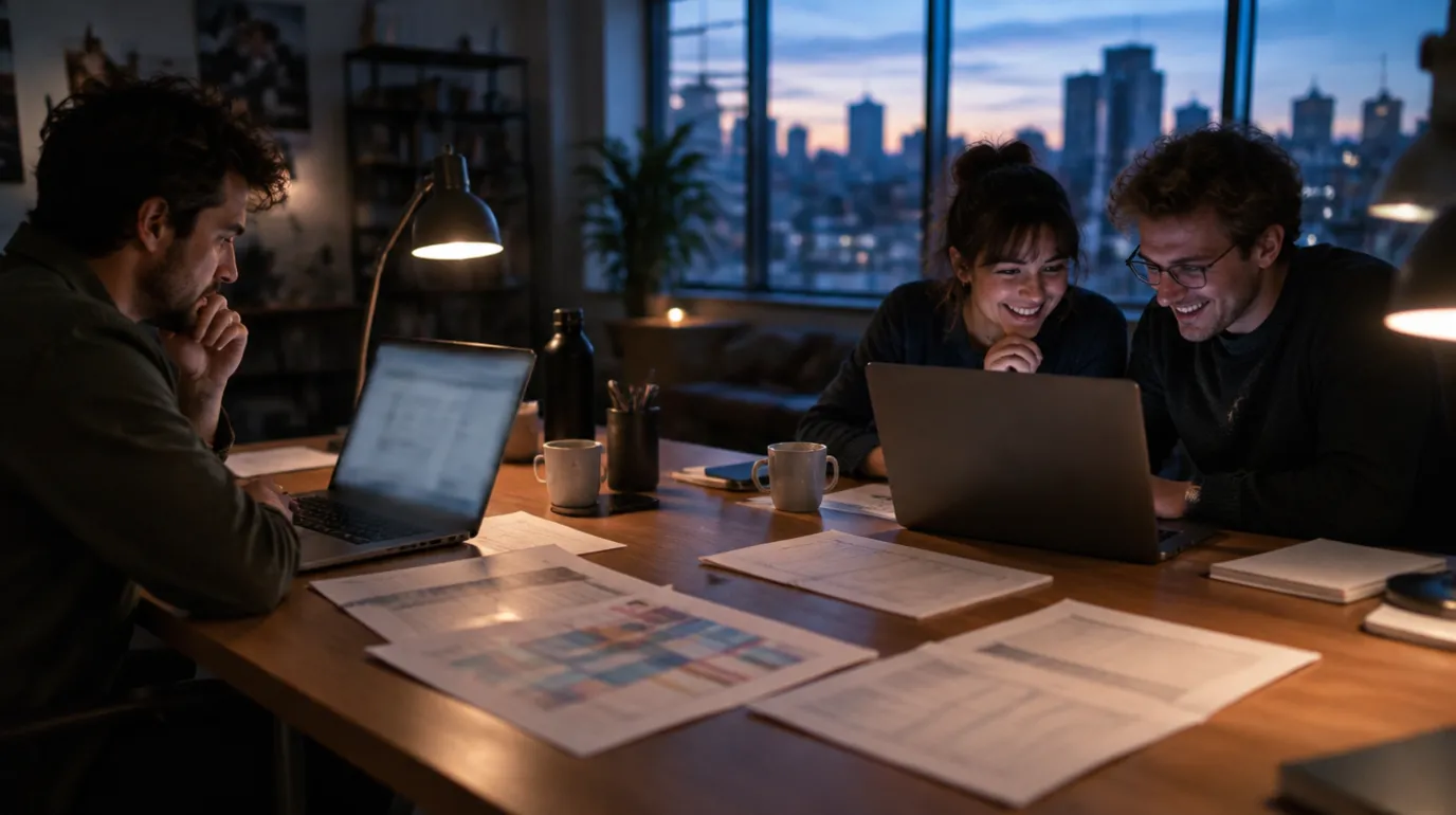 Three screenwriters at a long wooden table at dusk, one writing alone on a laptop while two others co-write on a second laptop, colored stripboard schedules and script pages on the table, city skyline in the window