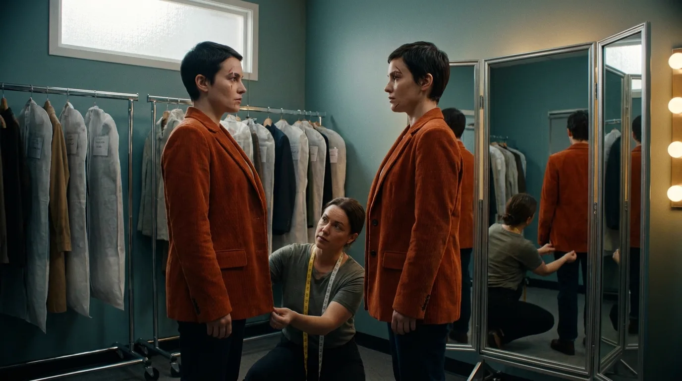An actress and her stunt double standing side by side in identical rust-orange corduroy jackets in a studio fitting room, a costume supervisor kneeling between them to compare the hems, cinematic still