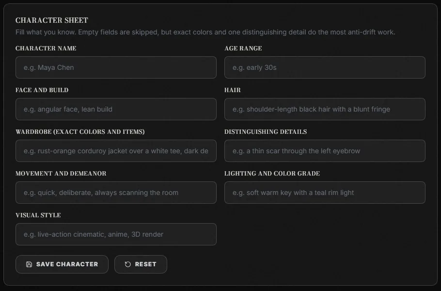 The ScreenWeaver AI character consistency sheet form with fields for character name, age range, face and build, hair, wardrobe with exact colors and items, distinguishing details, movement and demeanor, lighting and color grade, and visual style