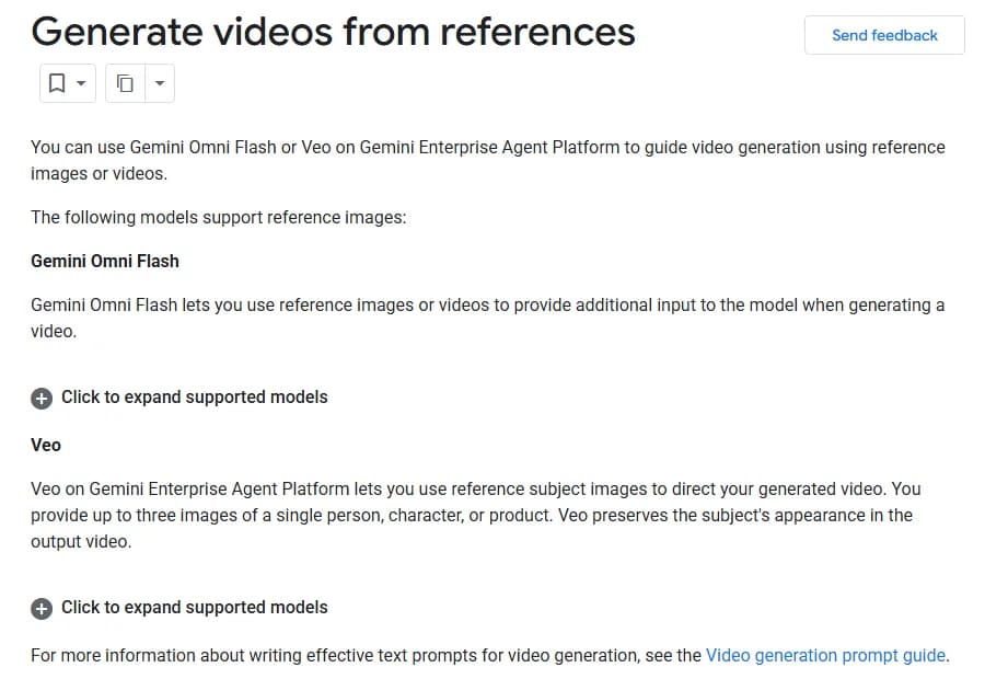 Google Cloud documentation page "Generate videos from references", stating that Veo lets you provide up to three images of a single person, character, or product and preserves the subject's appearance in the output video