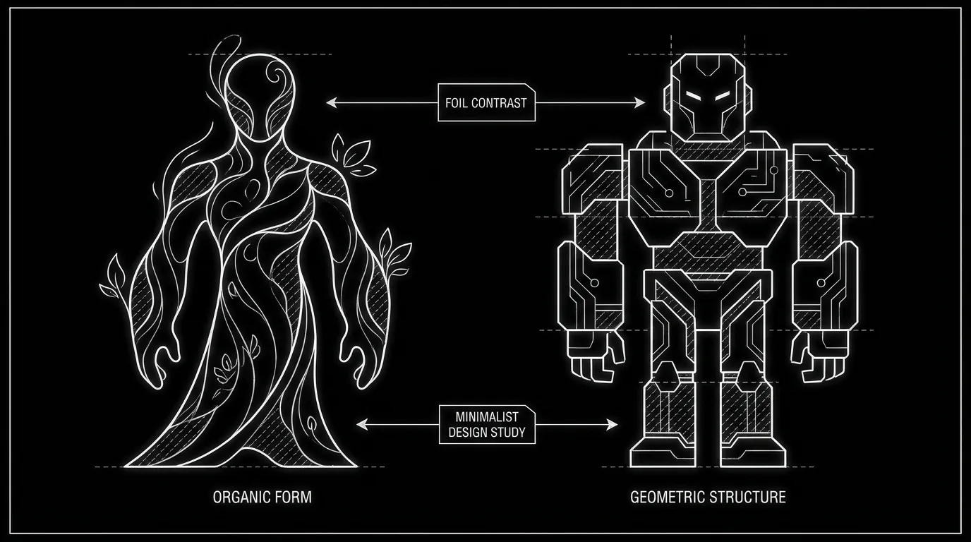 Ensemble: one figure highlighted by contrast with others; dark mode technical sketch