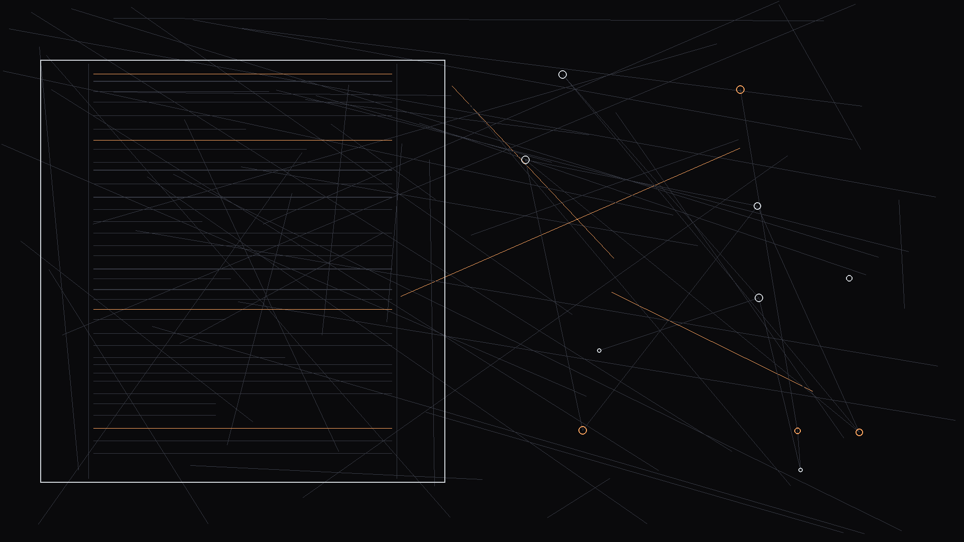 A setup/payoff tracking spreadsheet for a screenplay; dark mode technical sketch, thin white lines on black background