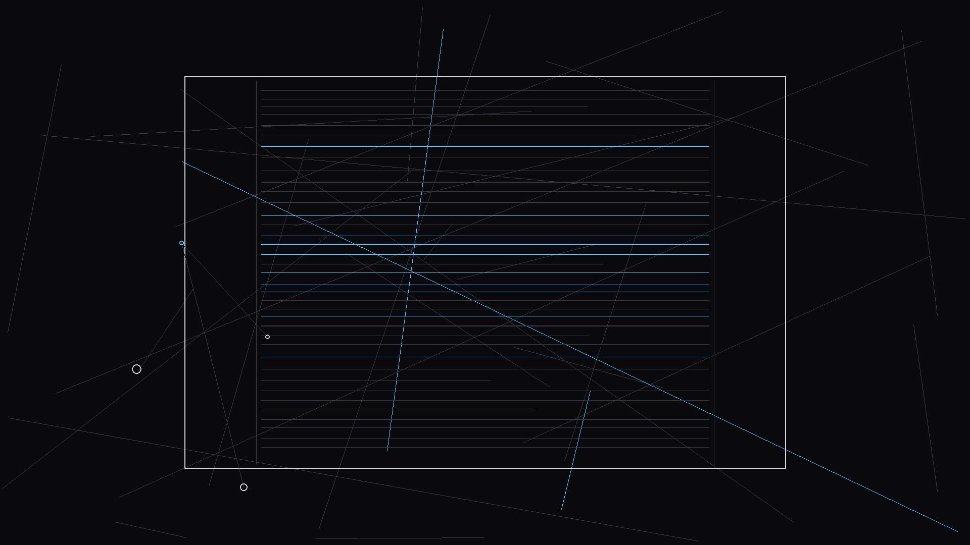 Dark mode technical sketch: setup and payoff tracking chart for screenplay; thin white lines on black