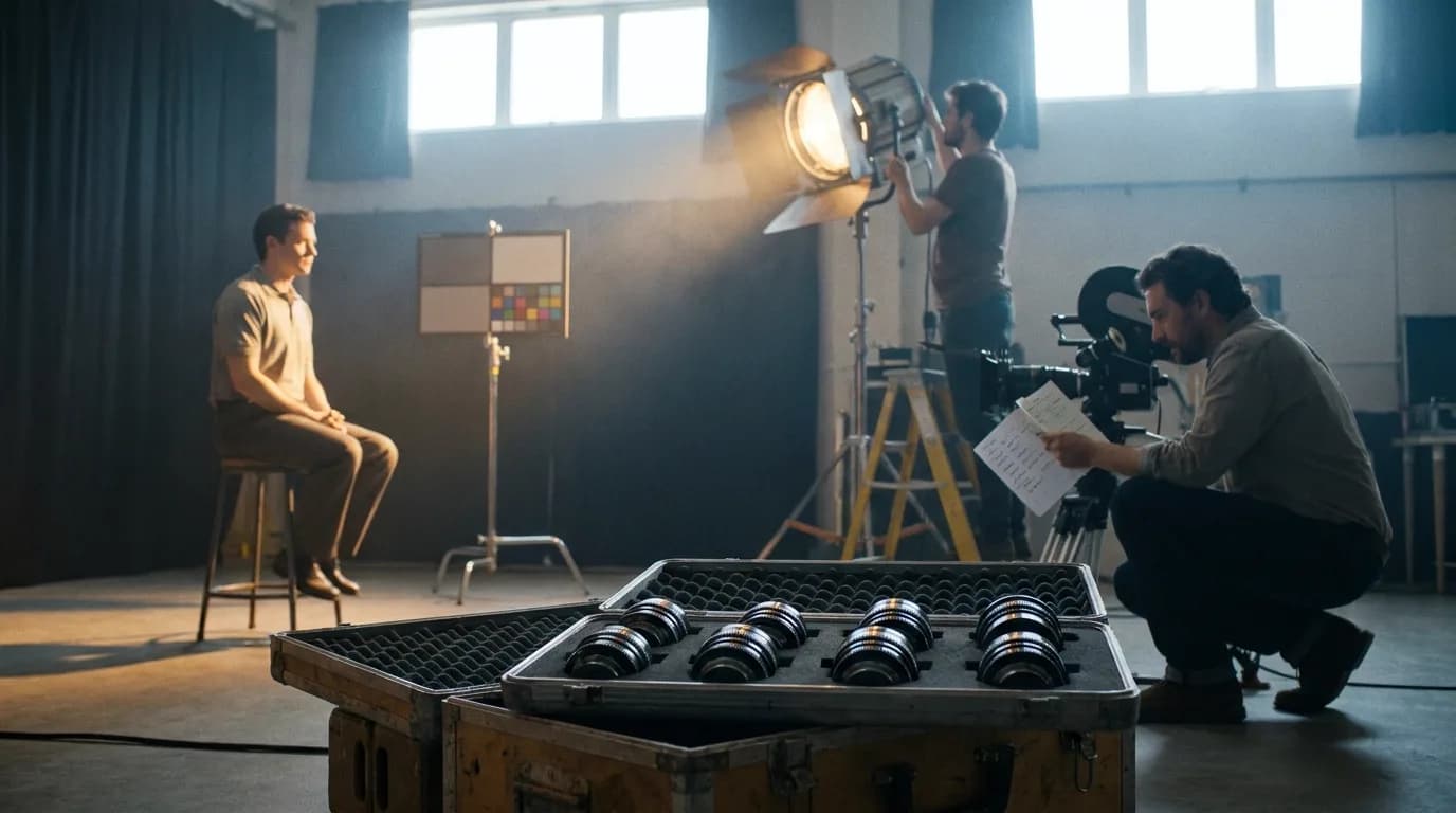 A camera test on a small soundstage, prime lenses in an open foam case in the foreground, a colour chart on a C-stand facing a seated stand-in, a gaffer angling a tungsten fresnel while the director crouches by the camera with a shot card, cinematic still