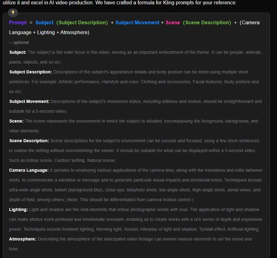 Kling's official text-to-video prompt guide showing the formula Subject plus Subject Movement plus Scene plus Camera Language, Lighting and Atmosphere, with a definition for each term