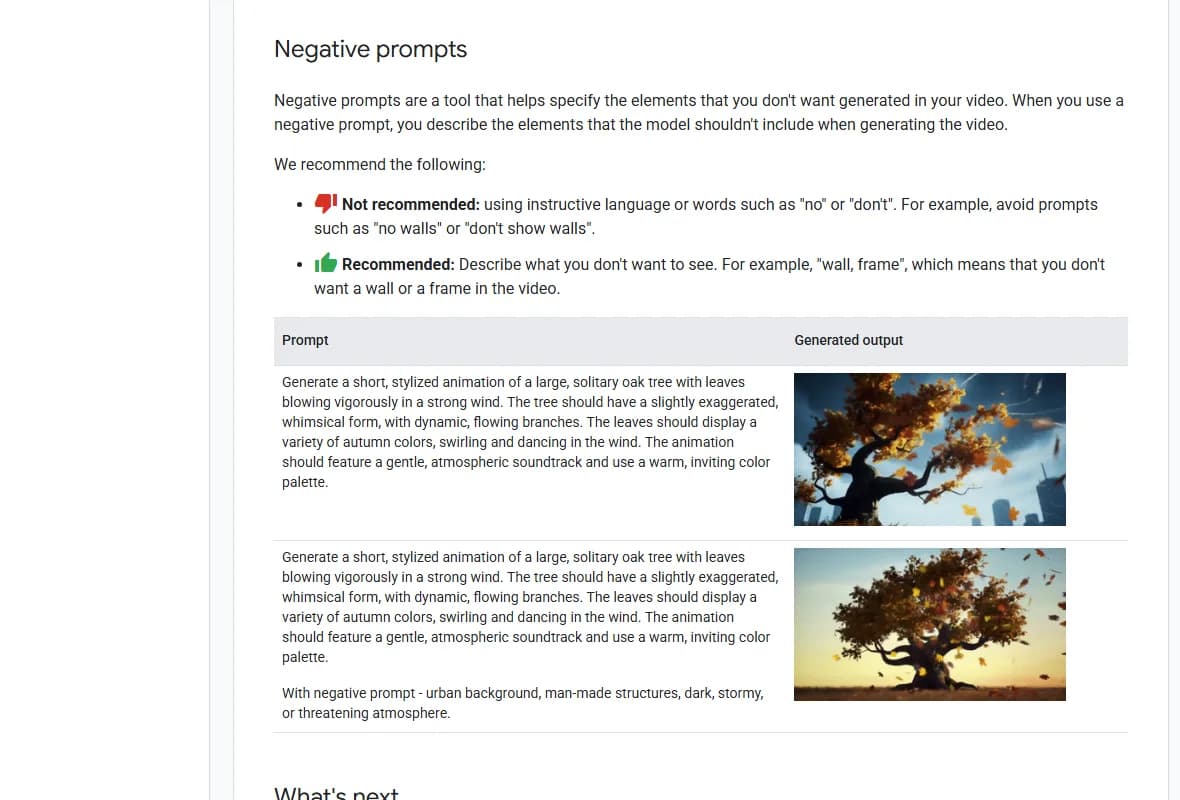 Google's video generation prompt guide, negative prompts section, marking "no walls" and "don't show walls" as not recommended and "wall, frame" as recommended, with a before and after example of an oak tree animation