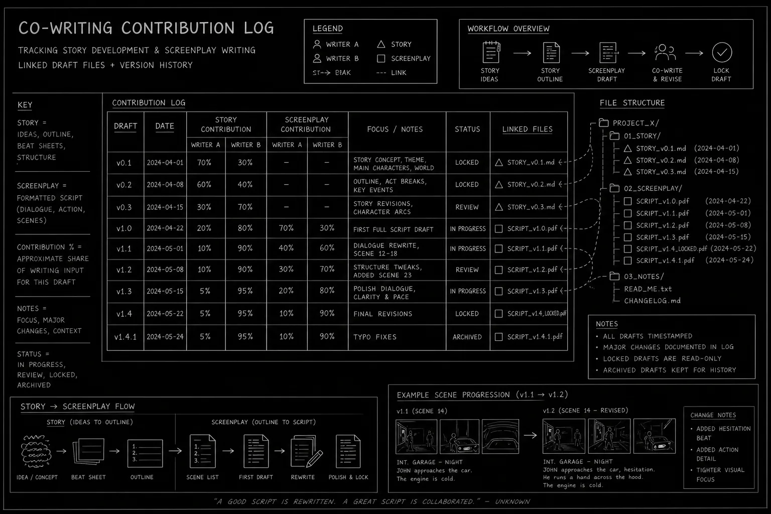 Co-writing contribution log spreadsheet linked to dated draft files; dark mode technical sketch
