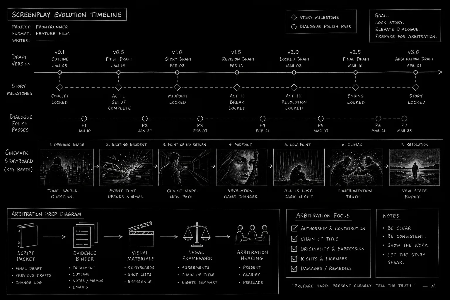 Timeline of draft versions with story milestones and screenplay polish passes marked; dark mode technical sketch