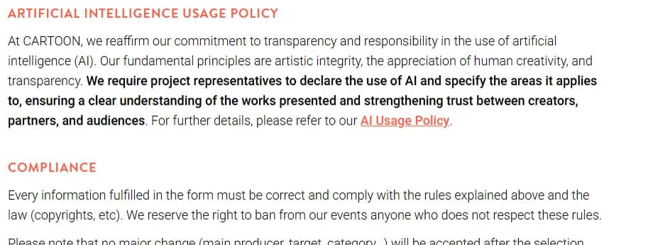 Cartoon Forum artificial intelligence usage policy stating that project representatives are required to declare the use of AI and specify the areas it applies to