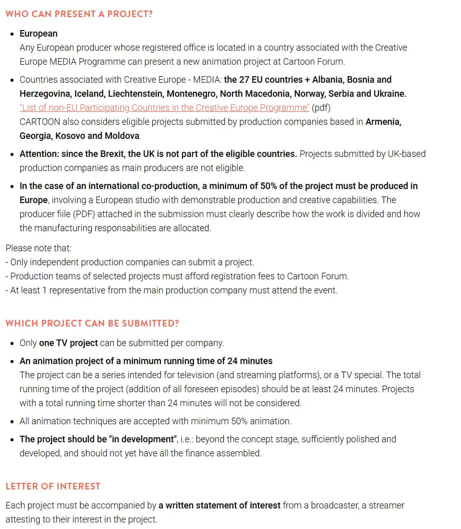 Cartoon Forum regulations page listing who can present a project: only independent European production companies, a minimum running time of 24 minutes, minimum 50 percent animation, projects in development, and a required written statement of interest from a broadcaster