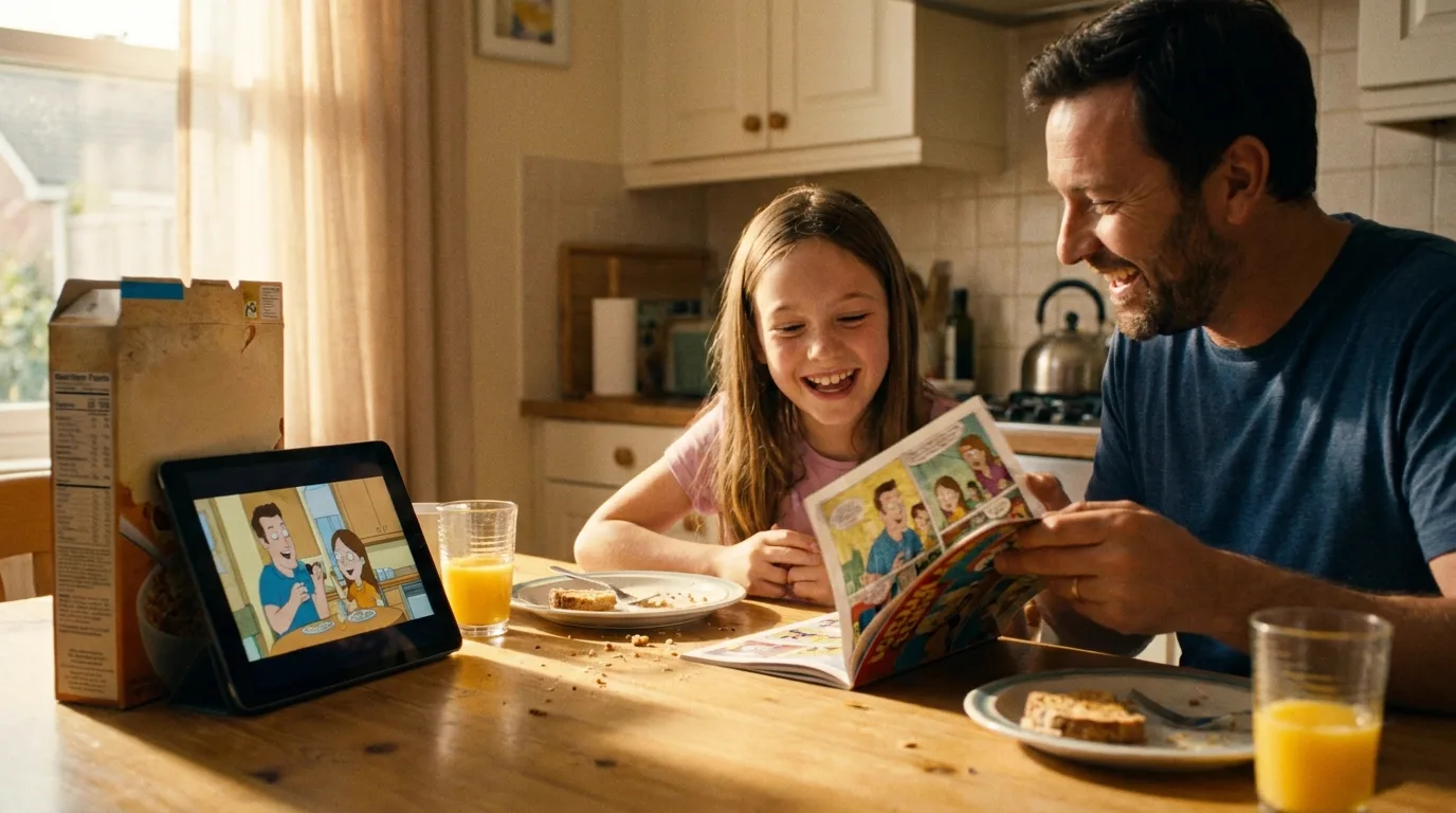 A sunny kitchen table on a Sunday morning, a father and a ten-year-old daughter flipping through an open colour comic book issue together, a tablet propped against a cereal box beside them playing an animated version of the same characters, cinematic still