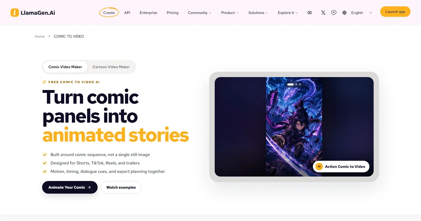 LlamaGen's Comic to Video page, animate comic strips, manga pages and webtoon panels into short clips