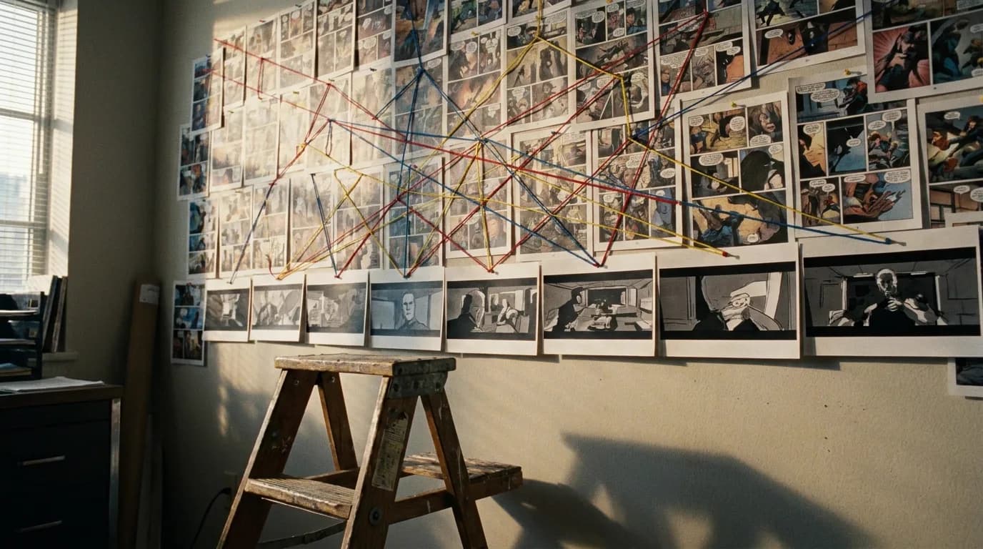 A production office wall covered with pinned printed comic book pages, coloured strings running from individual panels to a row of widescreen storyboard cards pinned below, a step stool, late afternoon light from a side window, cinematic still