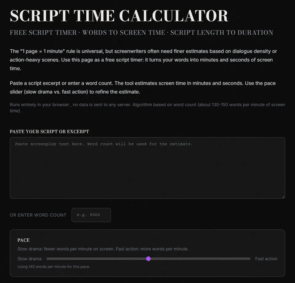 Pagina del Script Time Calculator di ScreenWeaver con un riquadro per incollare il copione, un campo per il numero di parole e un cursore di ritmo da dramma lento ad azione veloce impostato a 140 parole al minuto (interfaccia in inglese)