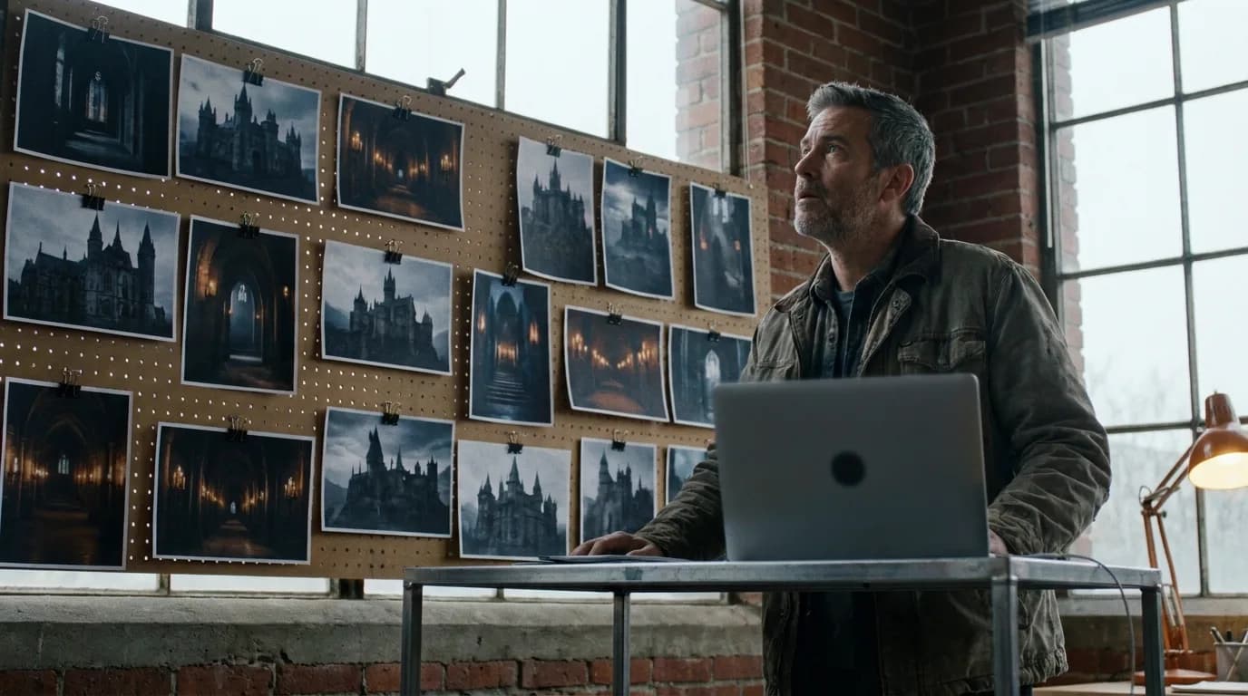 A producer in his forties with grey stubble stands at a steel cart with an open laptop in a converted brick warehouse, looking up at a pegboard wall covered in printed frames of gothic castles and candlelit corridors held by binder clips, grey daylight from tall factory windows and a small orange desk lamp, cinematic still