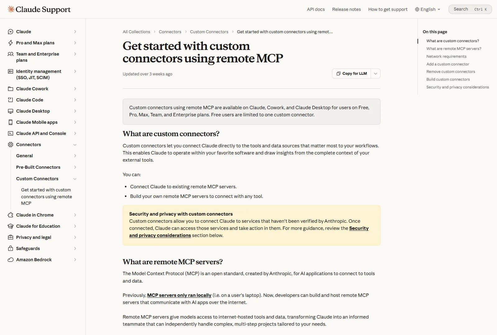 Anthropic's help center article on custom connectors, with the plan line saying custom connectors work on Free, Pro, Max, Team and Enterprise and that Free users are limited to one custom connector
