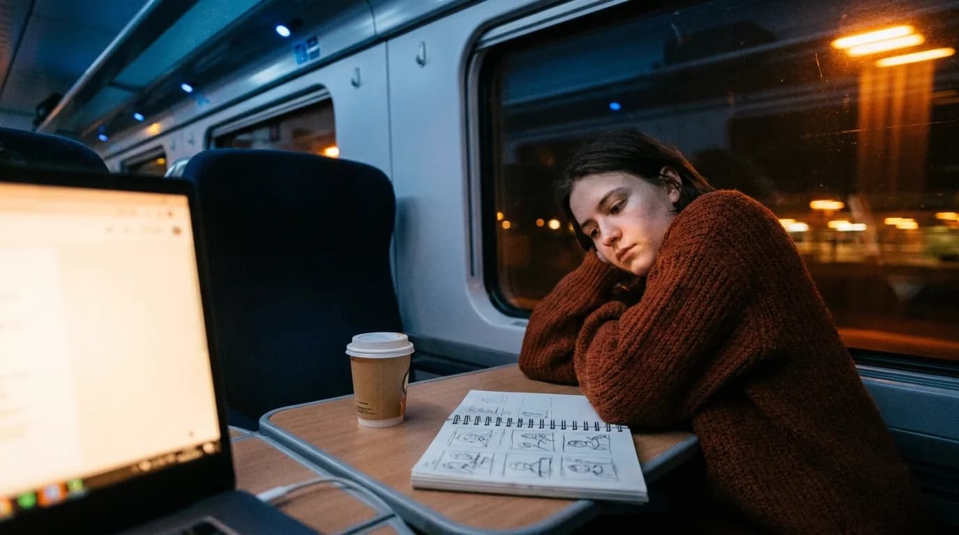 A young animator in a rust-coloured knit sweater rests her head on her arm at the window table of a night train, a spiral sketchbook of six pencil storyboard frames and a paper cup beside her, a laptop glowing in the foreground and orange station lights blurred outside, cinematic still