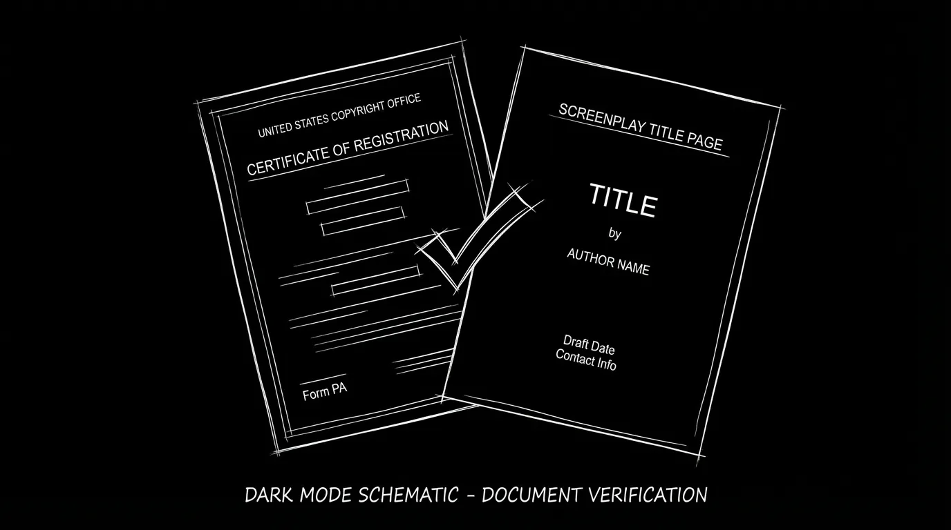 Certificate of registration and script title page; dark mode technical sketch