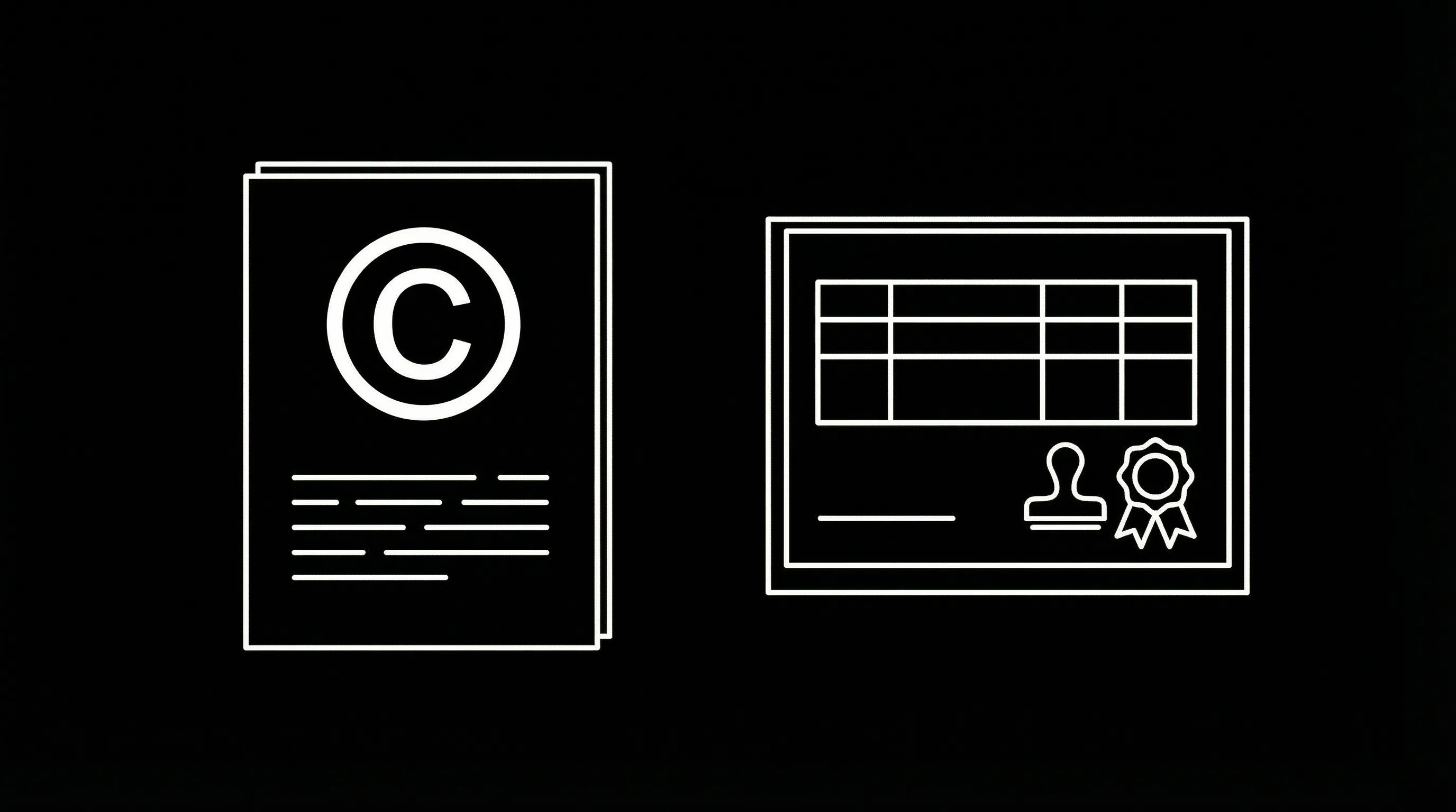 Script, copyright symbol, registration; dark mode technical sketch