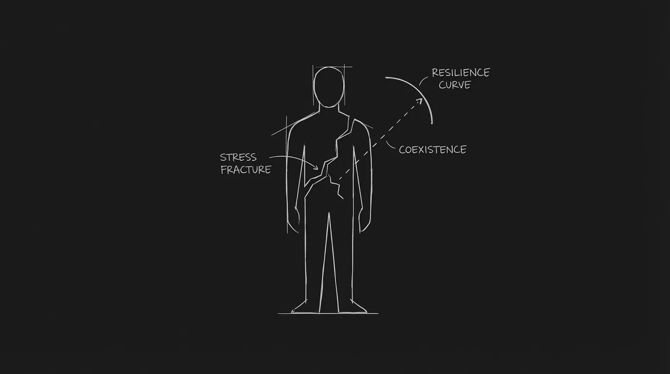 Dark comedy: trauma and humor in one image; dark mode technical sketch
