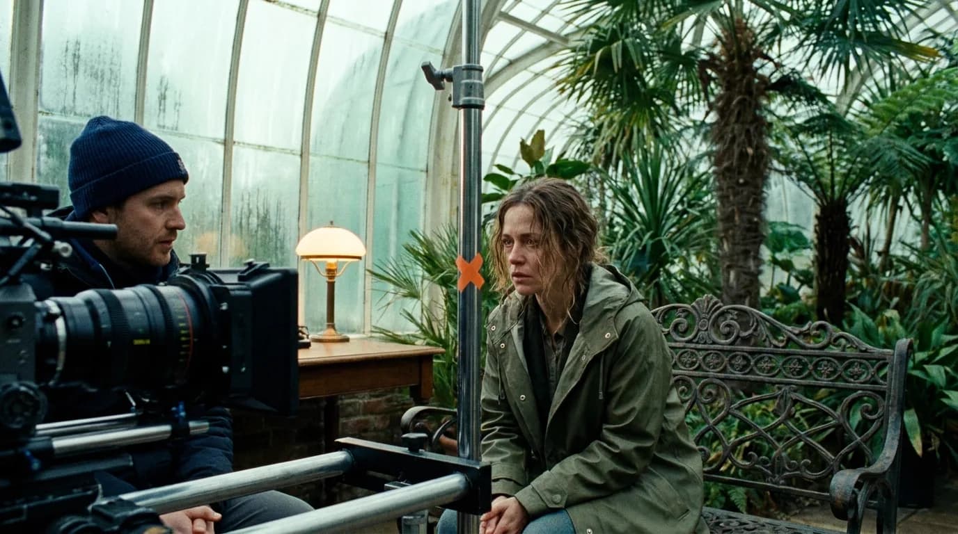 An actress in an olive raincoat sits on an iron bench in a Victorian glasshouse, looking at an orange tape cross on a C-stand beside the camera while an assistant director sits by the lens as her off-screen partner, cinematic still