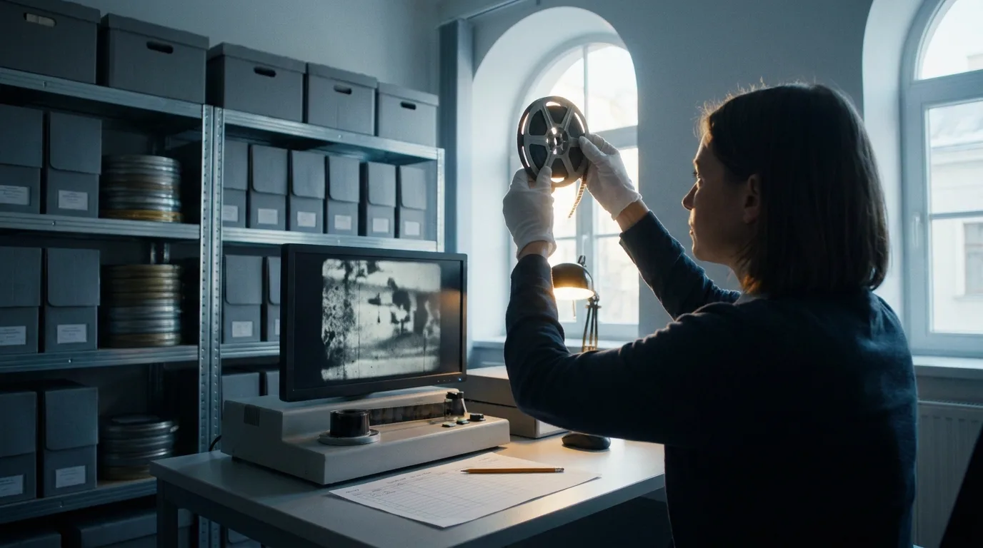 A film archive viewing room in the afternoon, an archivist in white cotton gloves holding a reel of 16mm film up toward a high window, steel shelving of grey boxes and metal film cans behind, and a monitor showing one frozen frame of grainy black and white footage, cinematic still
