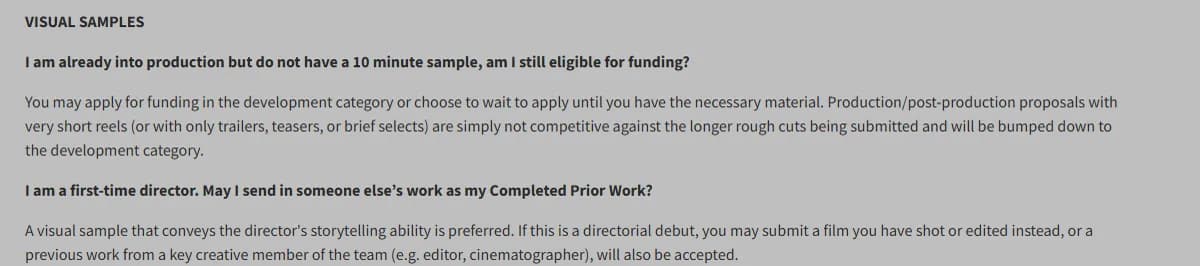 Sundance Documentary Fund FAQ, visual samples section, explaining that proposals with very short reels or only trailers, teasers or brief selects are not competitive against longer rough cuts and will be bumped down to the development category