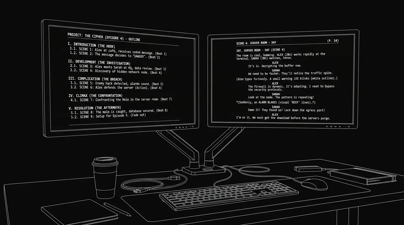 Dark mode technical sketch: two monitors, outline left and script right; thin white lines on black