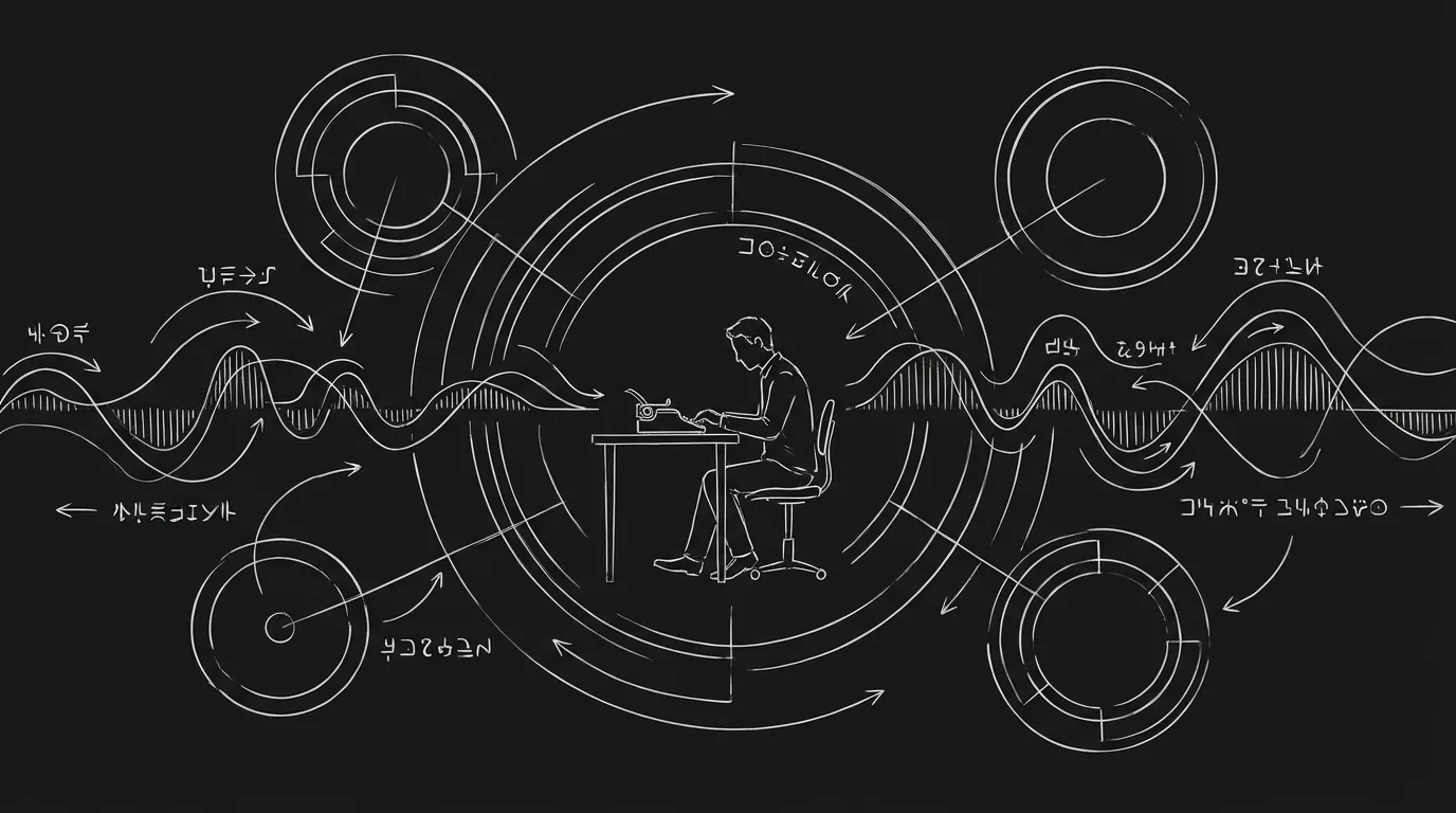 Dark technical sketch of a circular alien symbol intersecting with a human profile, thin white lines on black