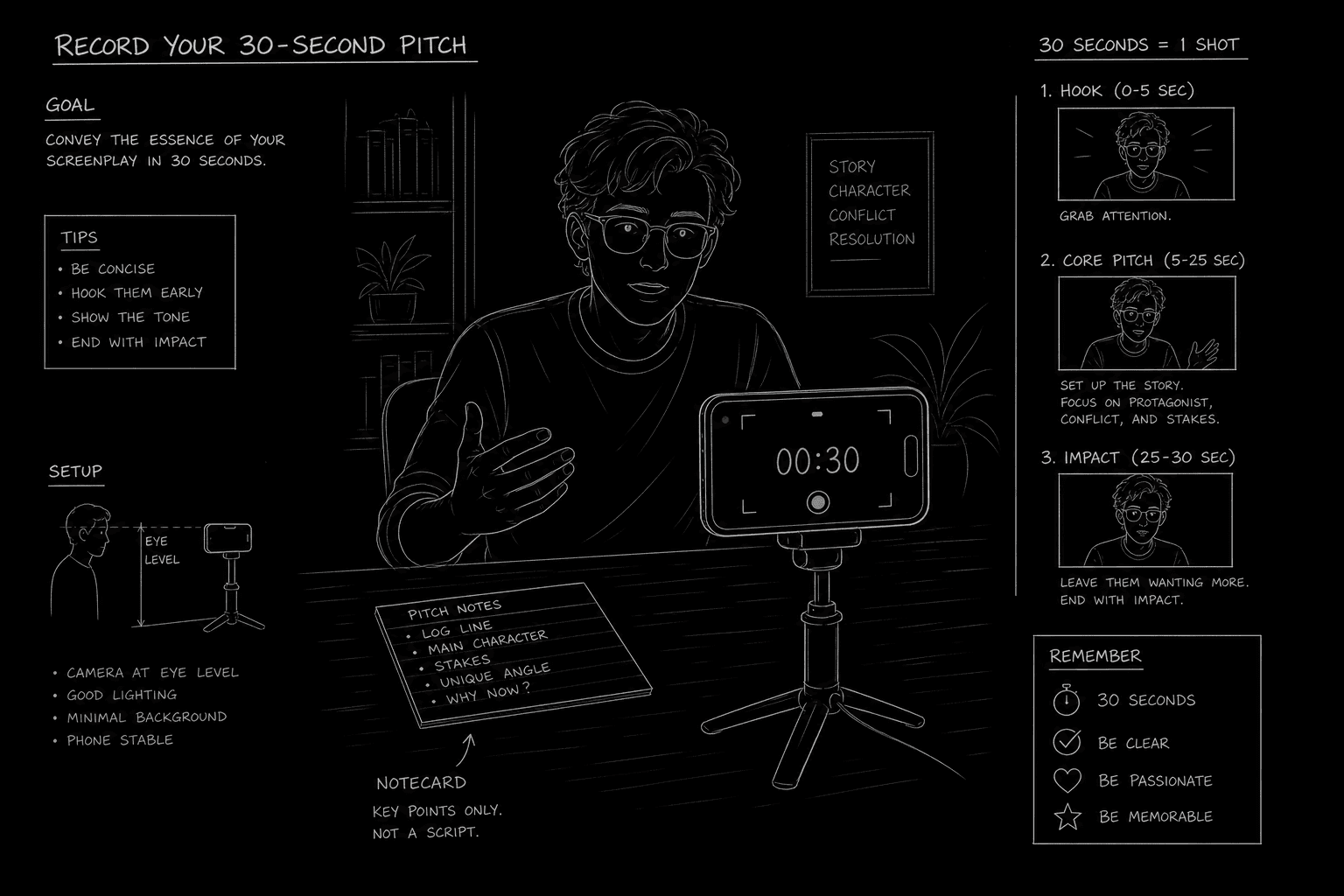 Screenwriter recording a pitch on phone with timer showing 30 seconds; dark mode technical sketch, thin white lines on black background